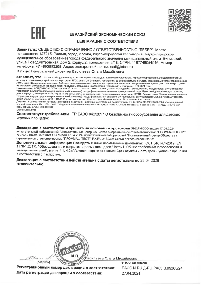 Declaration of the TR EAEU 0422017 trampoline page 0001